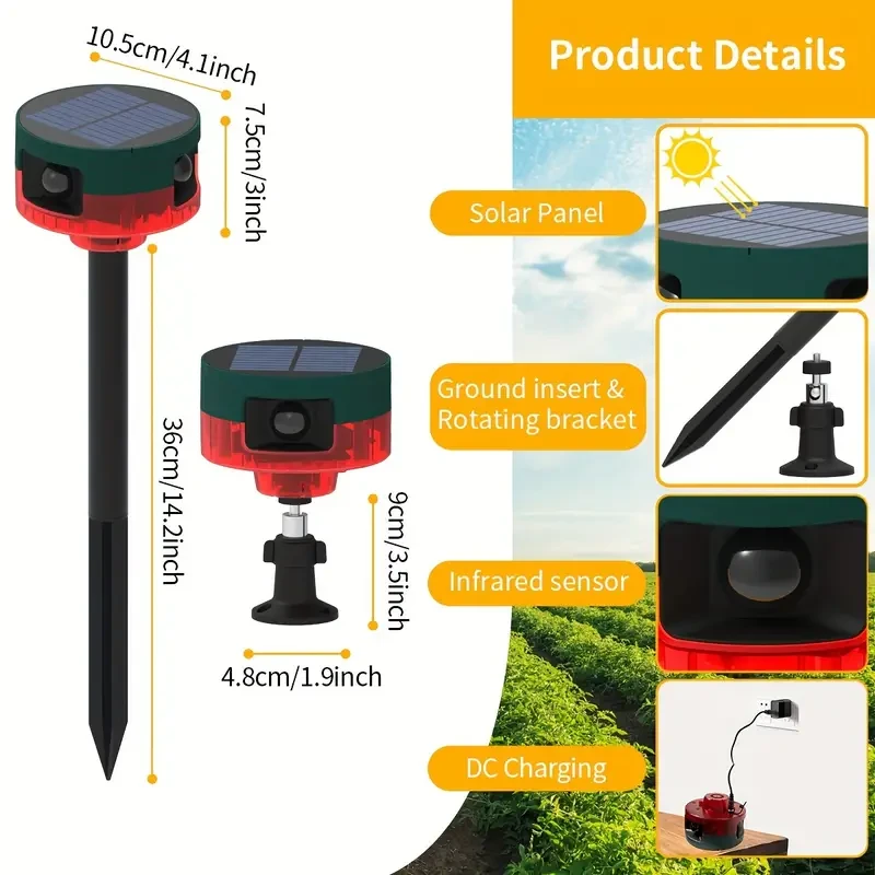 Alarma repelente de animales solar 360 - Inducción con 13 efectos y grabación