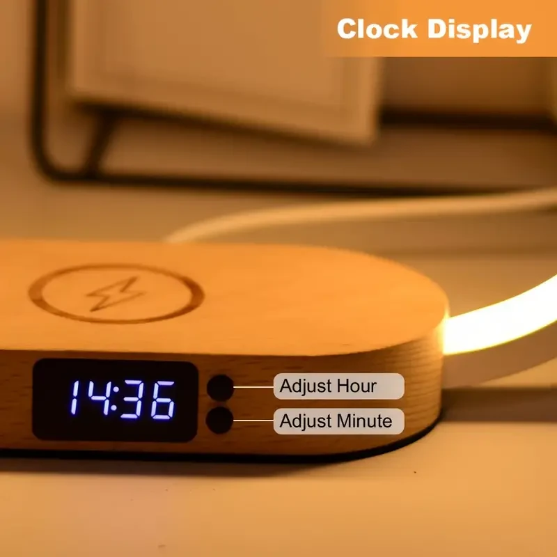 Lámpara de escritorio LED con cargador inalámbrico y puerto USB: reloj, alarma, fecha y temperatura.