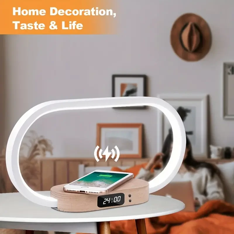 Lámpara de escritorio LED con cargador inalámbrico y puerto USB: reloj, alarma, fecha y temperatura.