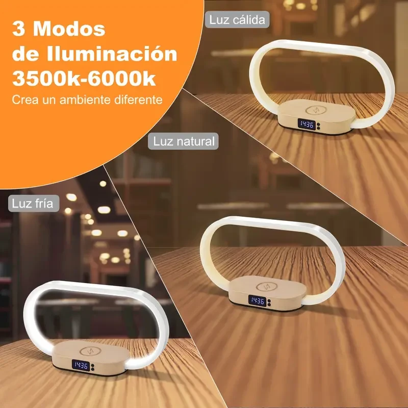 Lámpara de escritorio LED con cargador inalámbrico y puerto USB: reloj, alarma, fecha y temperatura.