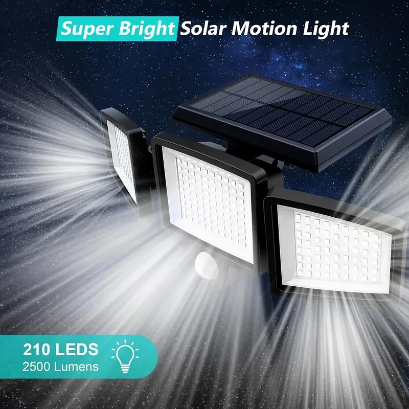 Farola solar con sensor LED de 210 luces - Tres cabezales giratorios de doble fila