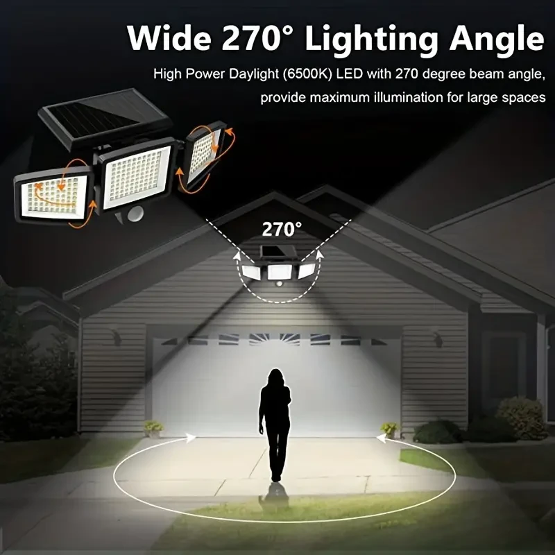 Farola solar con sensor LED de 210 luces - Tres cabezales giratorios de doble fila