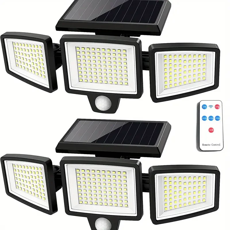 Farola solar con sensor LED de 210 luces - Tres cabezales giratorios de doble fila