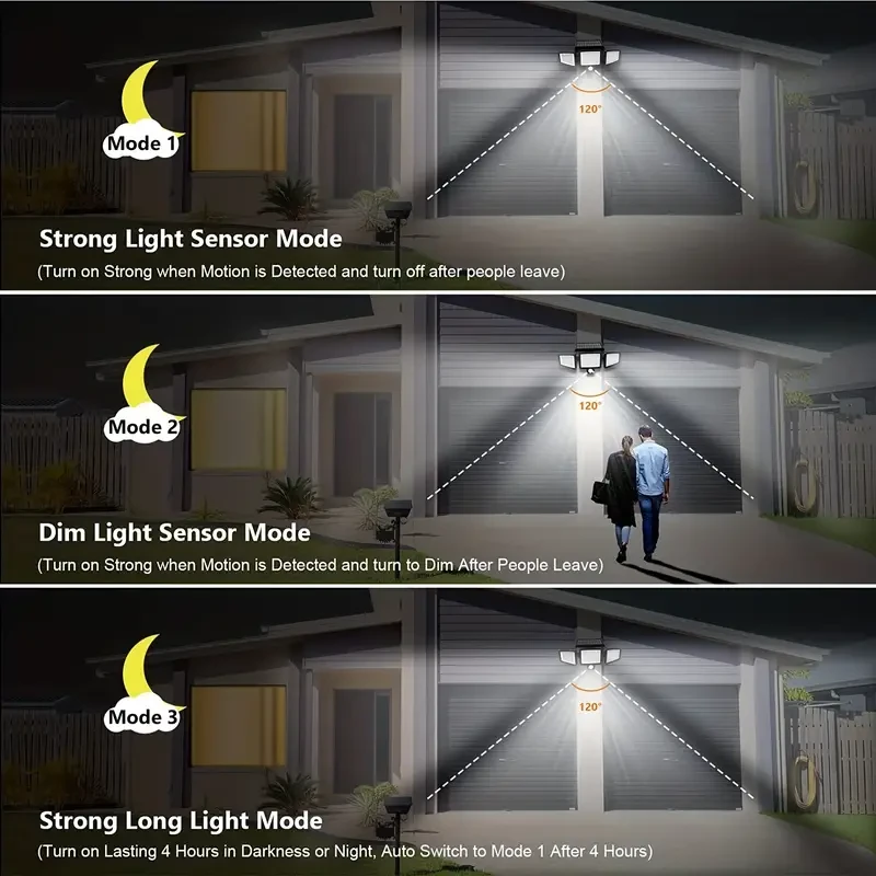 Farola solar con sensor LED de 210 luces - Tres cabezales giratorios de doble fila