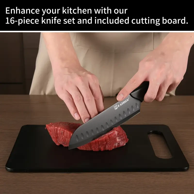 Juego de cuchillos de cocina profesionales de 15 piezas con bloque de madera negro, mango ABS antideslizante, tabla de cortar de plástico y tijeras de cocina.