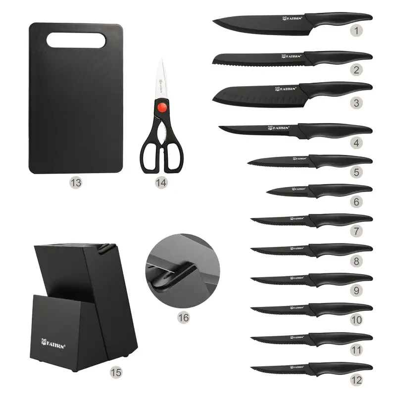 Juego de cuchillos de cocina profesionales de 15 piezas con bloque de madera negro, mango ABS antideslizante, tabla de cortar de plástico y tijeras de cocina.