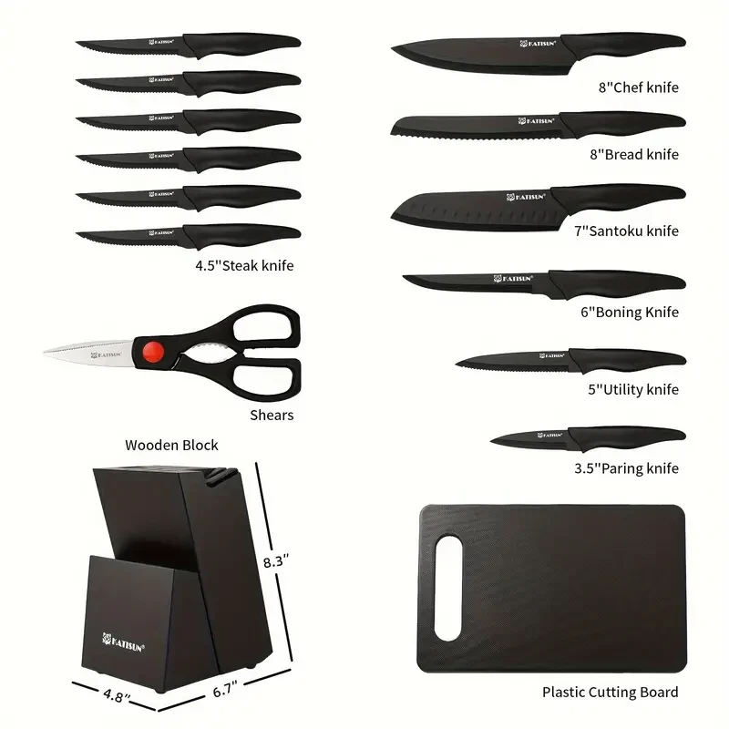 Juego de cuchillos de cocina profesionales de 15 piezas con bloque de madera negro, mango ABS antideslizante, tabla de cortar de plástico y tijeras de cocina.