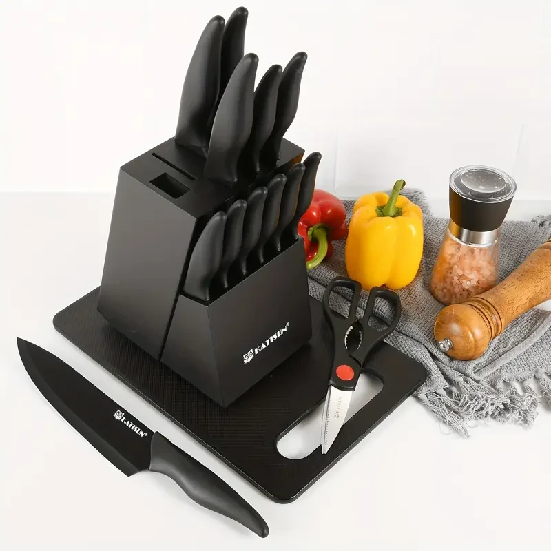 Juego de cuchillos de cocina profesionales de 15 piezas con bloque de madera negro, mango ABS antideslizante, tabla de cortar de plástico y tijeras de cocina.