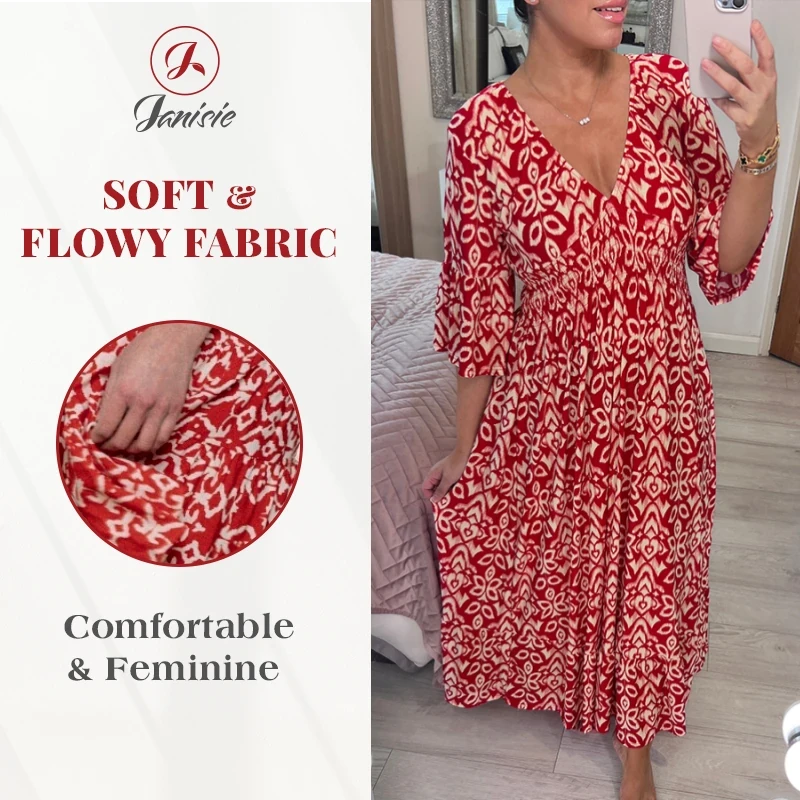 Vestido largo con escote en V y cintura fruncida con estampado bohemio informal