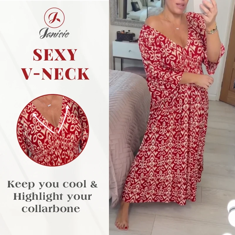 Vestido largo con escote en V y cintura fruncida con estampado bohemio informal