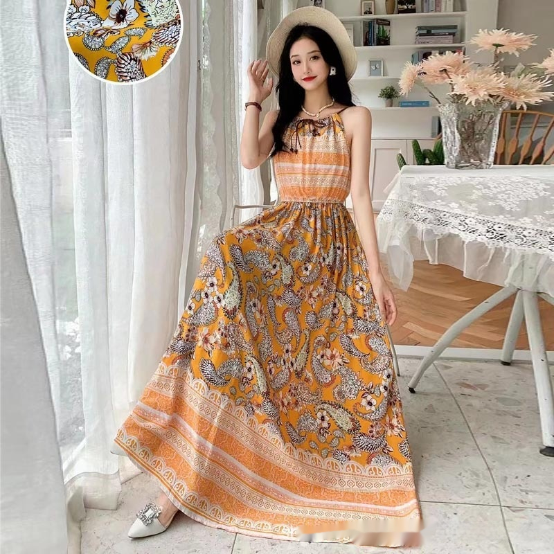 Vestido de popelina Noil, falda larga con vuelo, estilo vacacional, falda con tirantes