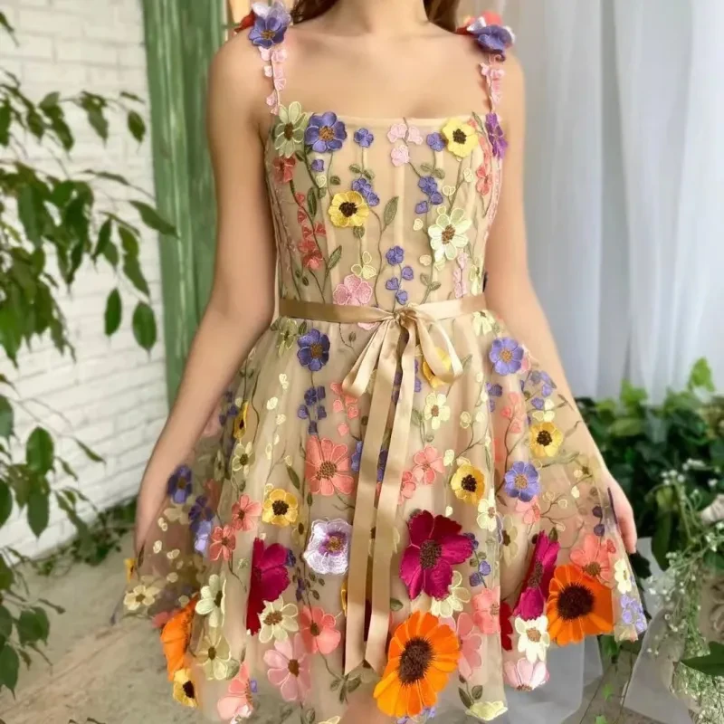 Vestido con bordado de flores tridimensionales para mujer