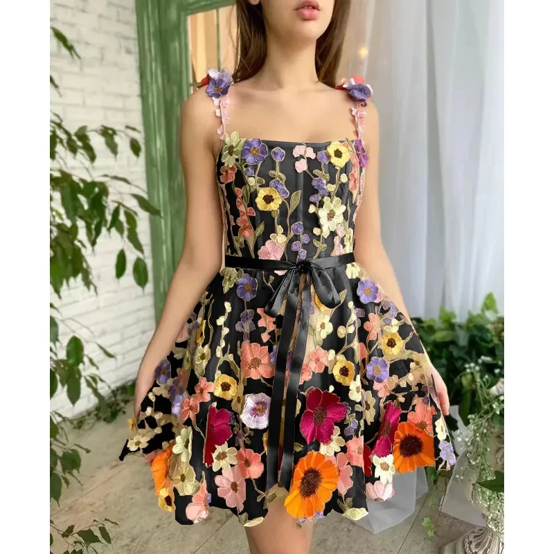 Vestido con bordado de flores tridimensionales para mujer