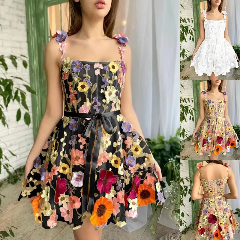 Vestido con bordado de flores tridimensionales para mujer