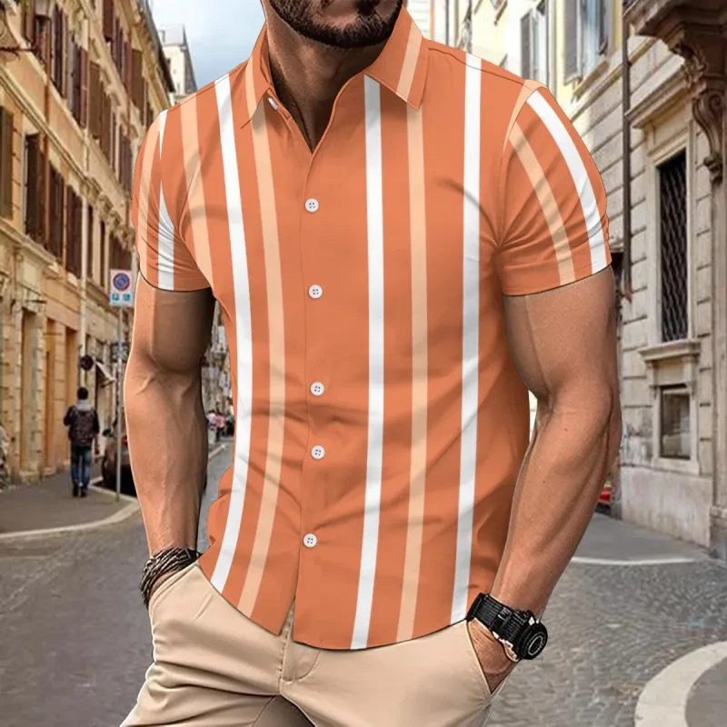 Camisa informal de manga corta con estampado de rayas para hombre