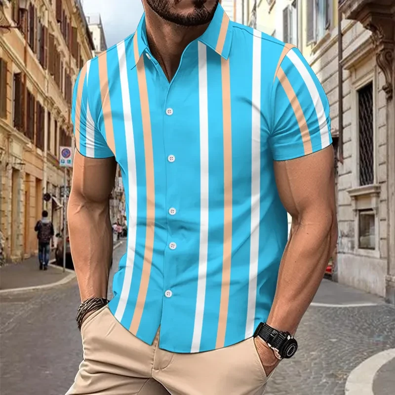Camisa informal de manga corta con estampado de rayas para hombre