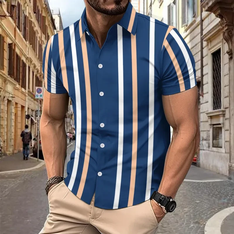 Camisa informal de manga corta con estampado de rayas para hombre