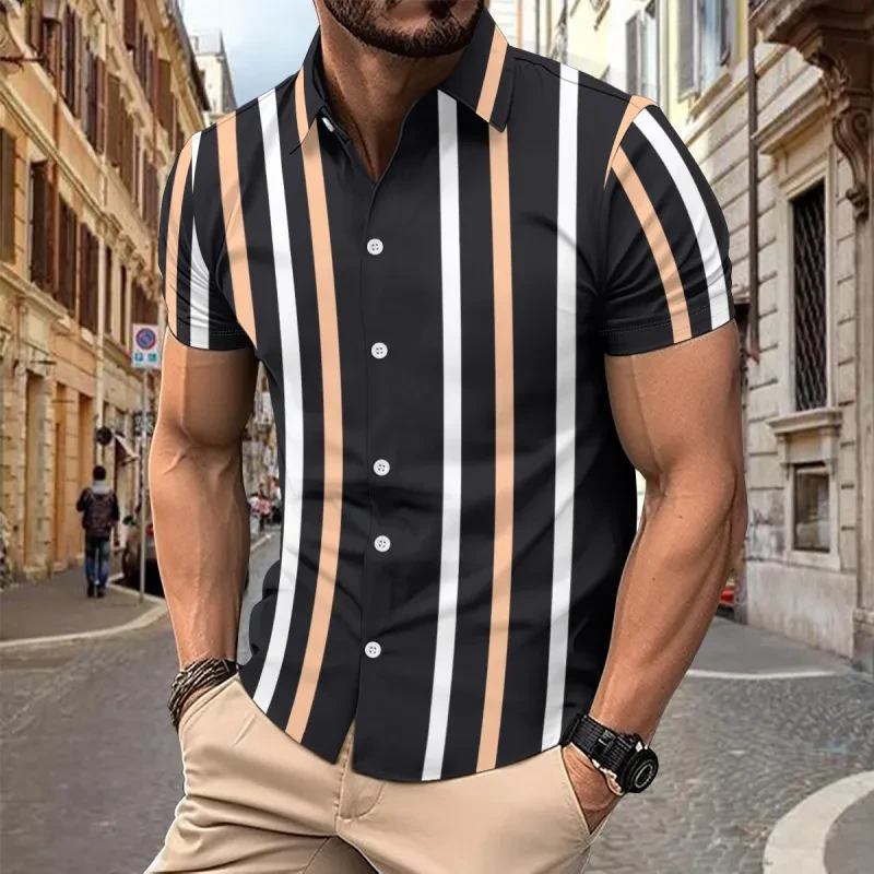 Camisa informal de manga corta con estampado de rayas para hombre