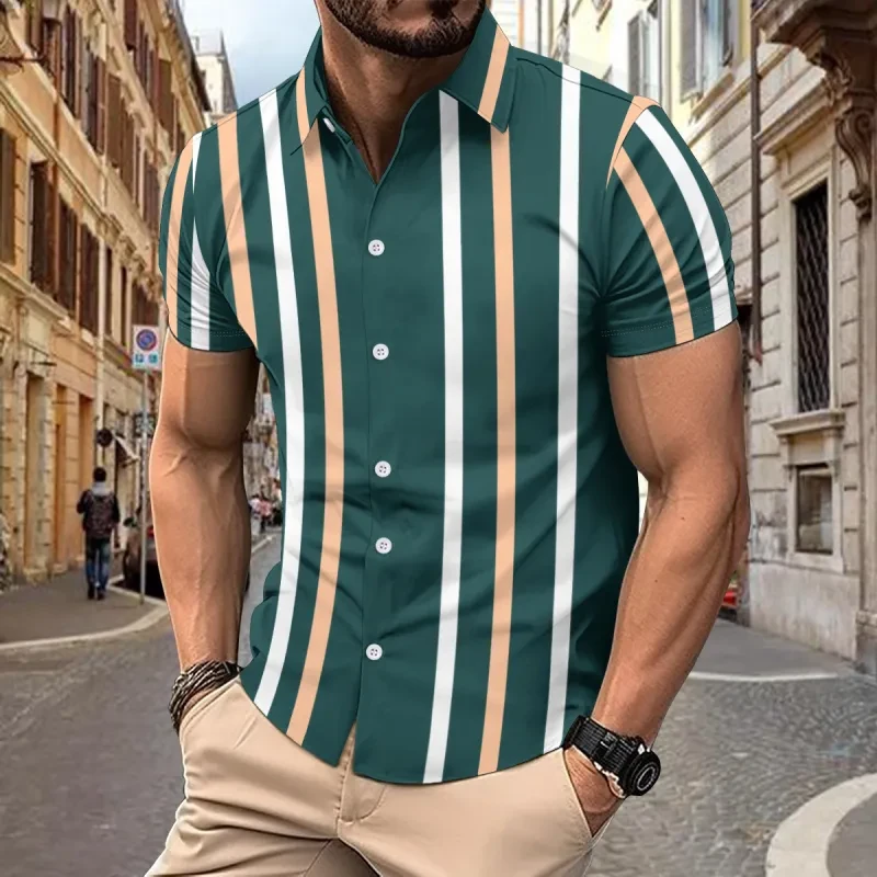 Camisa informal de manga corta con estampado de rayas para hombre