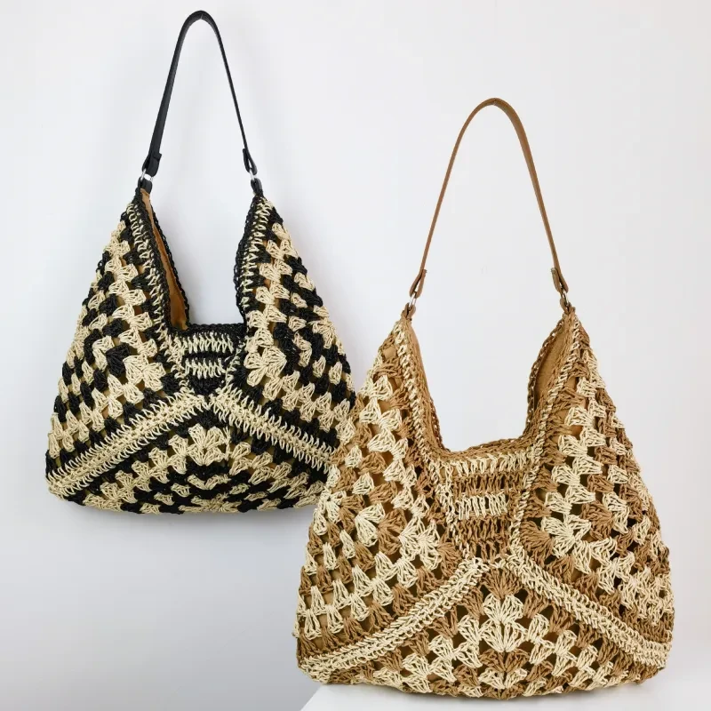 Bolso de hombro tejido de paja hecho a mano para mujer