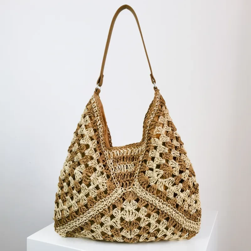Bolso de hombro tejido de paja hecho a mano para mujer