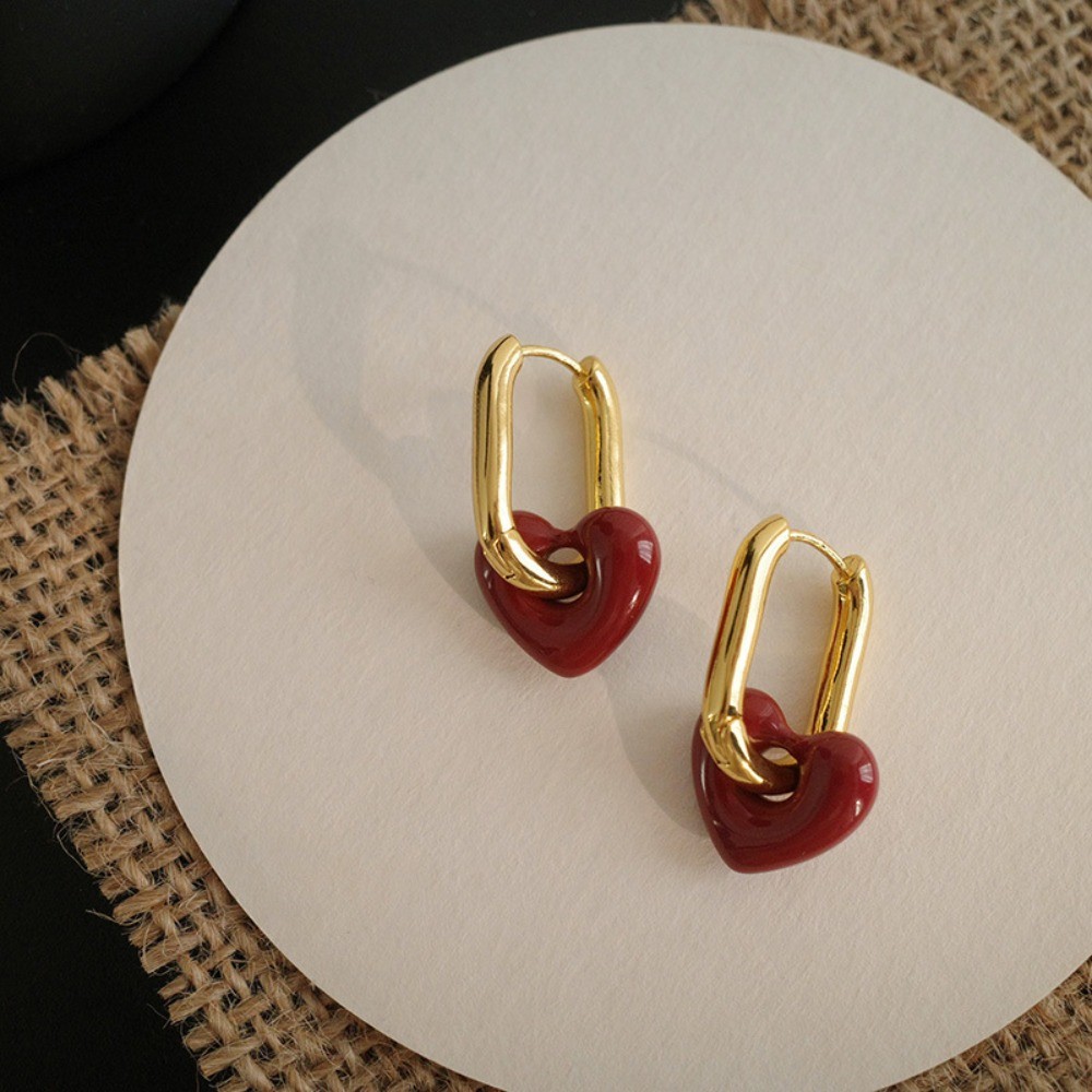 Pendientes colgantes de corazón rojo vino retro francés