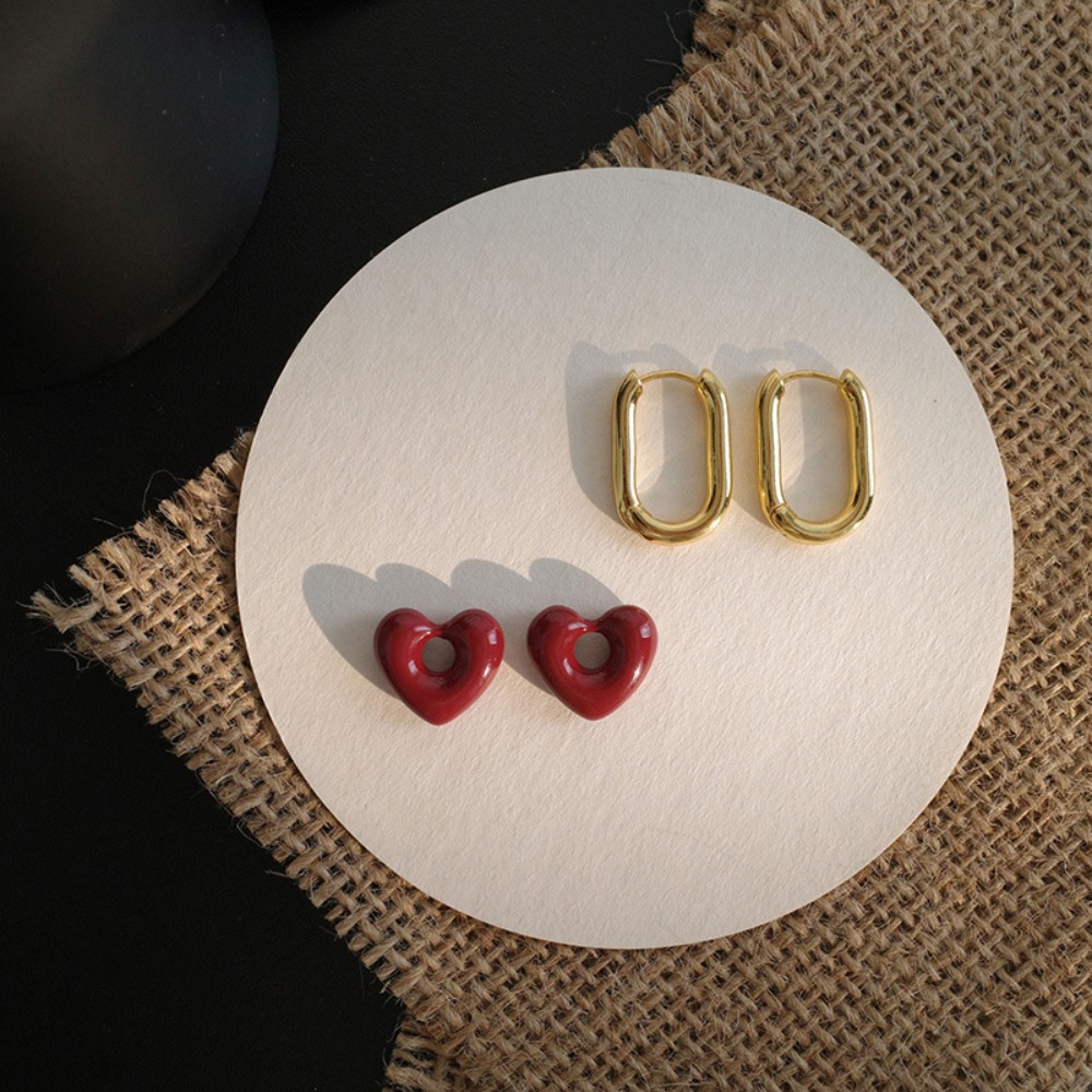 Pendientes colgantes de corazón rojo vino retro francés