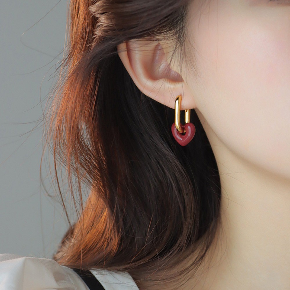 Pendientes colgantes de corazón rojo vino retro francés