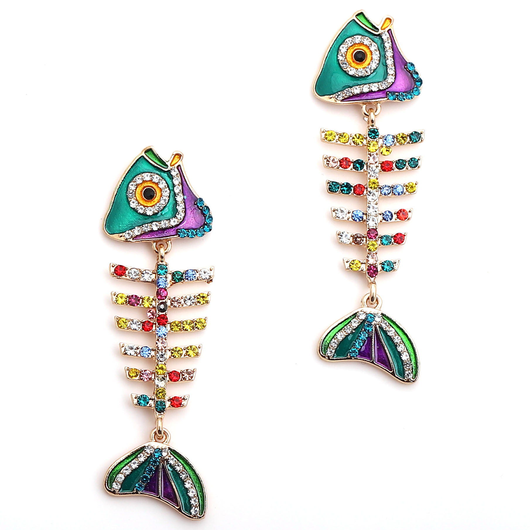 Pendientes de aleación de pez con diamantes para mujer, de estilo creativo, con diseño de espina de pescado de metal, estilo europeo y americano.
