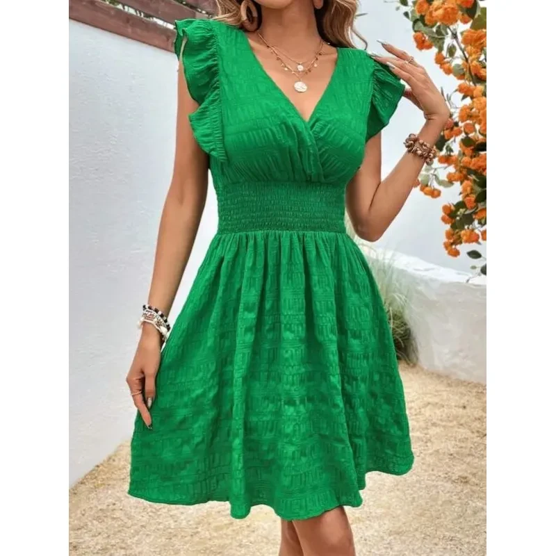 Vestido plisado con cuello en V estilo europeo y americano