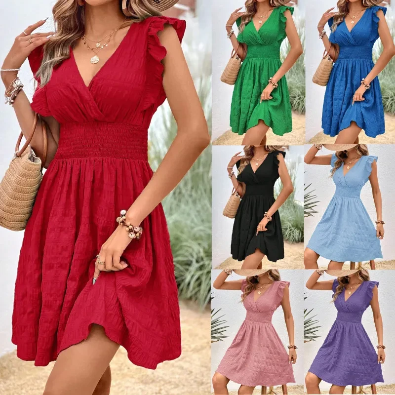 Vestido plisado con cuello en V estilo europeo y americano