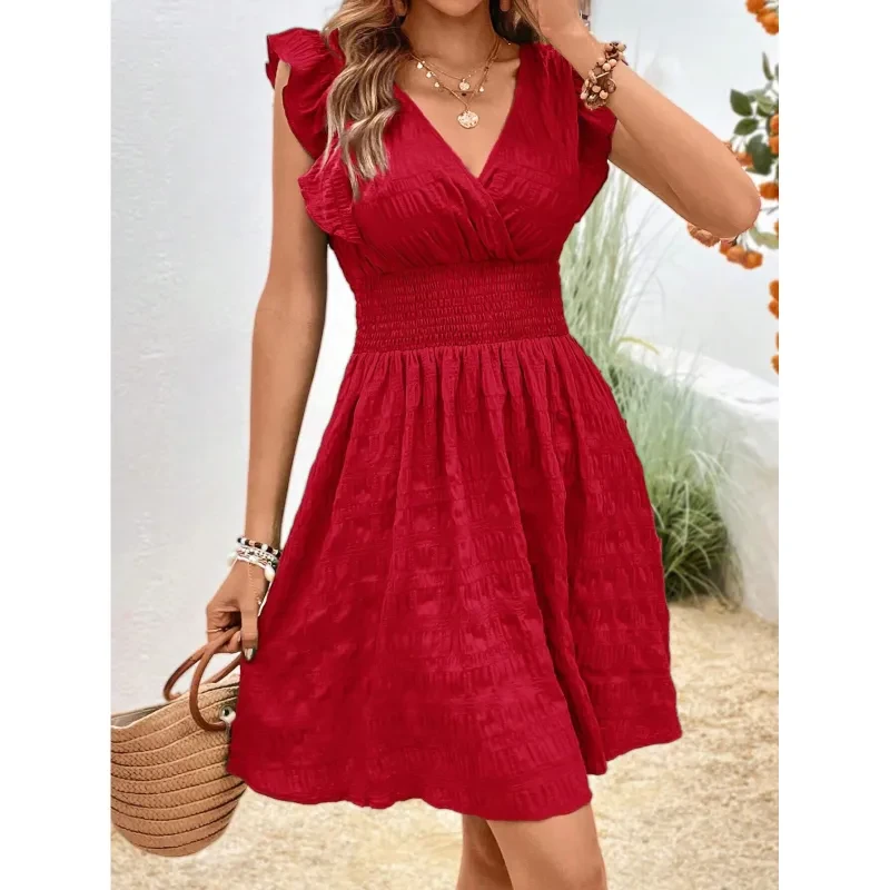 Vestido plisado con cuello en V estilo europeo y americano