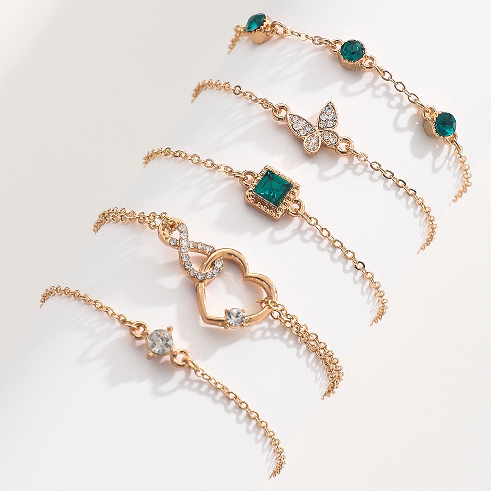 Conjunto de 5 pulseras bohemias de cristal verde para mujer