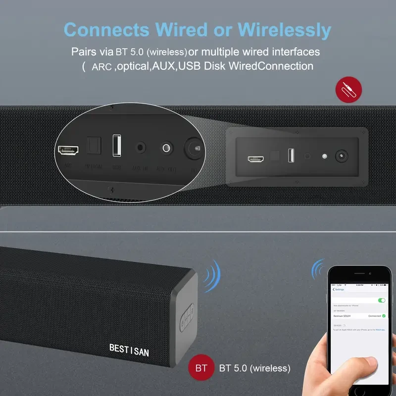 Barra de sonido BESTISAN SE02 - 100 vatios HD-ARC con subwoofer integrado