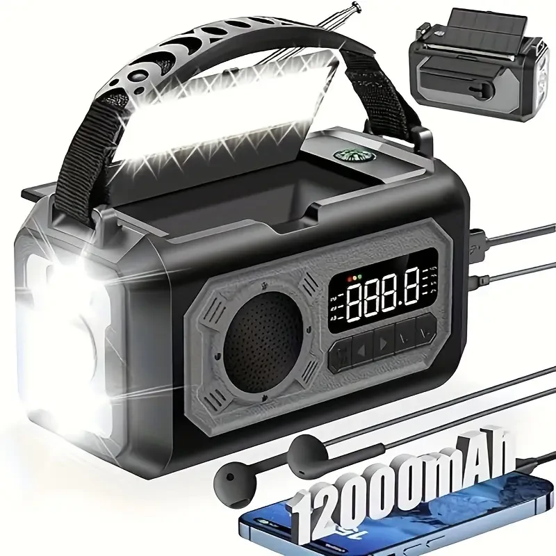 Radio meteorológica de emergencia de 12000 mAh: radio portátil solar y de manivela
