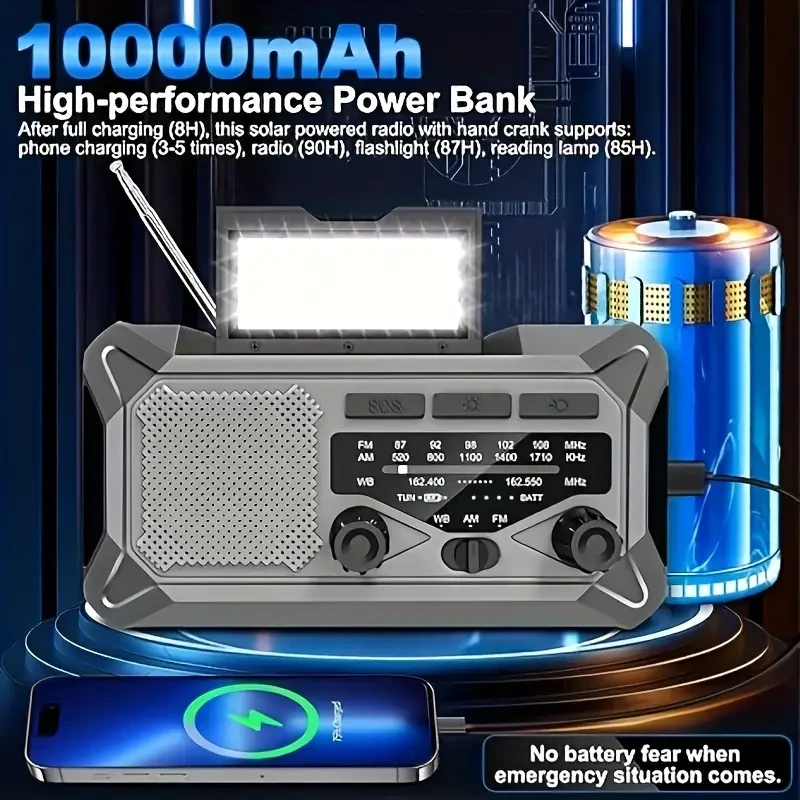 Radio meteorológica de emergencia de 12000 mAh: radio portátil solar y de manivela