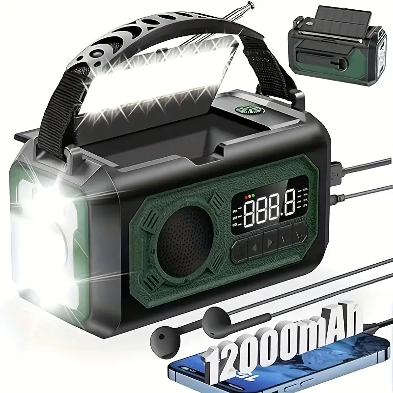 Radio meteorológica de emergencia de 12000 mAh: radio portátil solar y de manivela