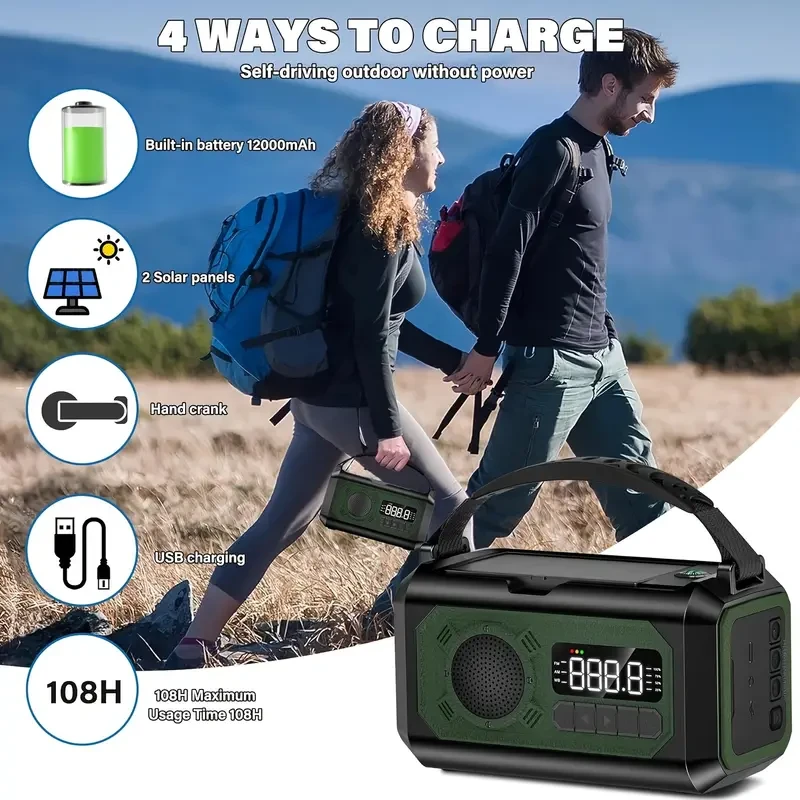 Radio meteorológica de emergencia de 12000 mAh: radio portátil solar y de manivela