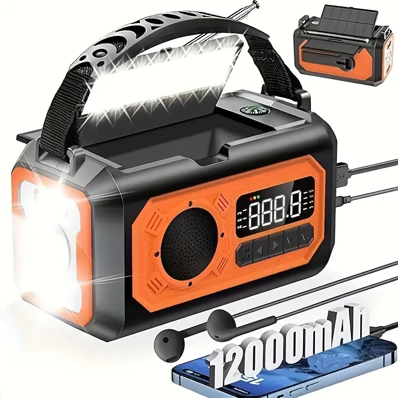 Radio meteorológica de emergencia de 12000 mAh: radio portátil solar y de manivela