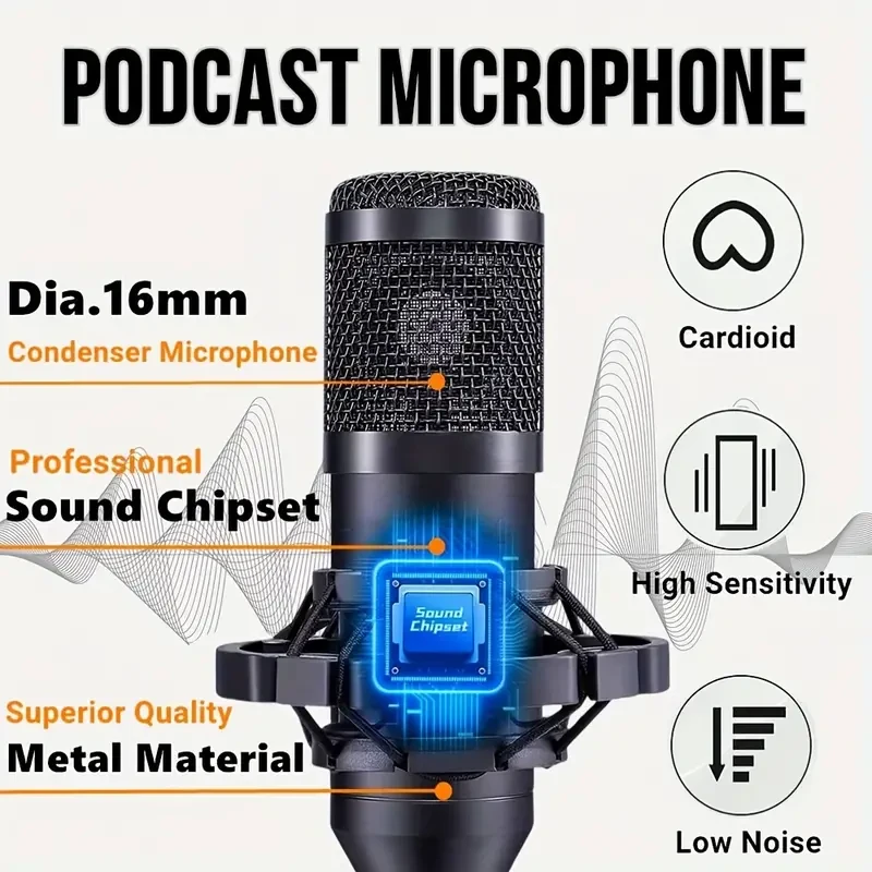 Paquete completo de estudio de podcasting: micrófono BM800 con tarjeta de sonido V8