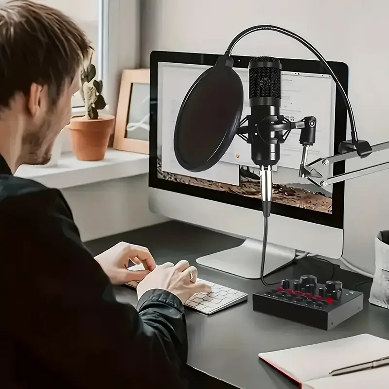 Paquete completo de estudio de podcasting: micrófono BM800 con tarjeta de sonido V8