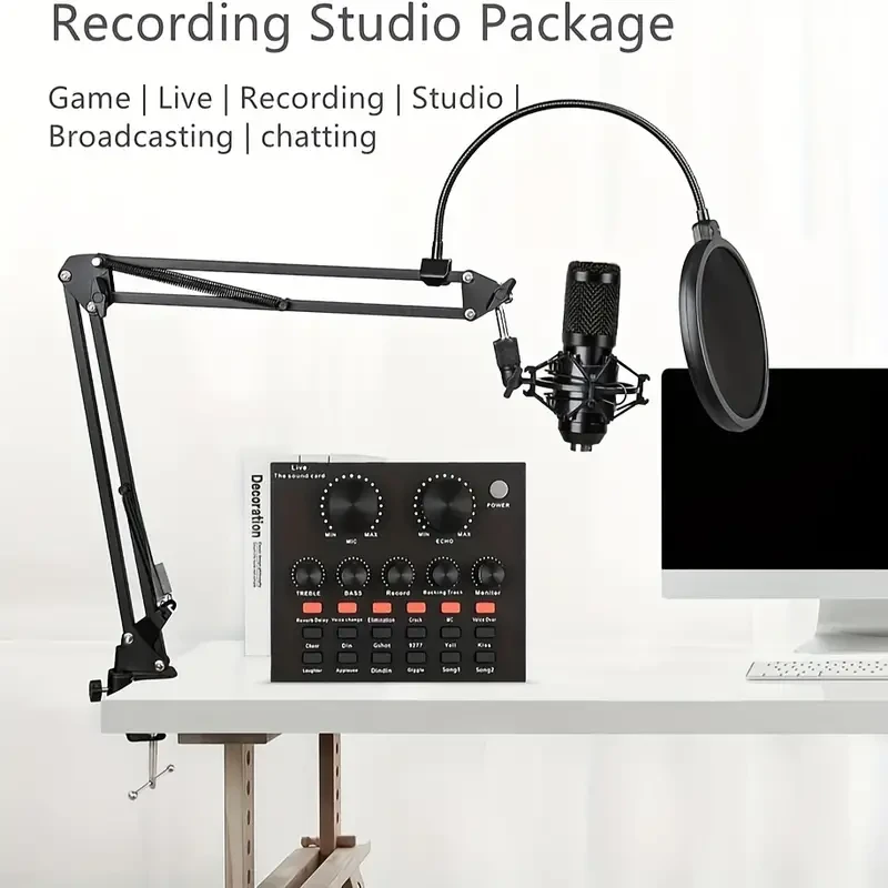 Paquete completo de estudio de podcasting: micrófono BM800 con tarjeta de sonido V8