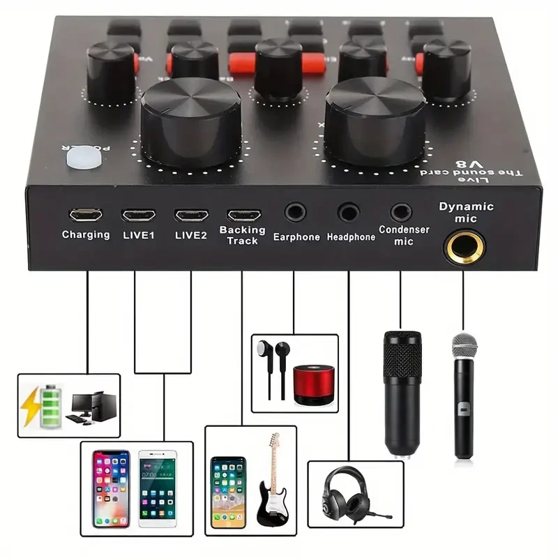 Paquete completo de estudio de podcasting: micrófono BM800 con tarjeta de sonido V8