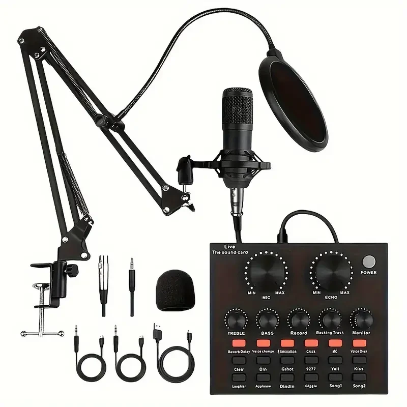 Paquete completo de estudio de podcasting: micrófono BM800 con tarjeta de sonido V8