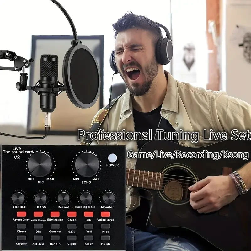 Paquete completo de estudio de podcasting: micrófono BM800 con tarjeta de sonido V8