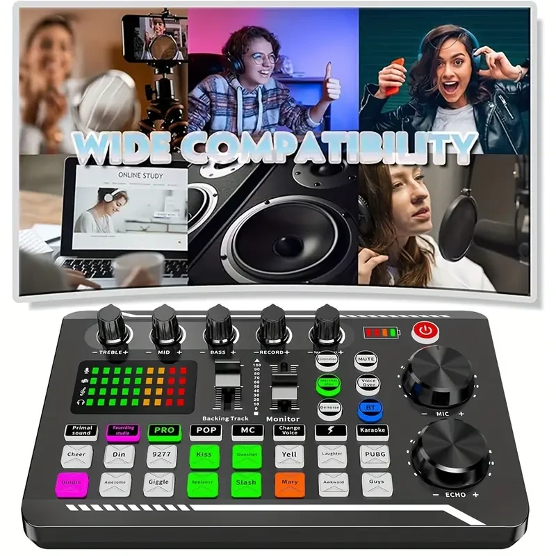 Micrófono de podcast F998: micrófono de condensador con tarjeta de sonido en vivo