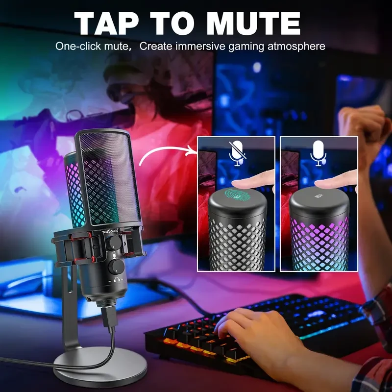 Micrófono USB para juegos ZealSound: silenciamiento rápido, indicador RGB y filtro antipop