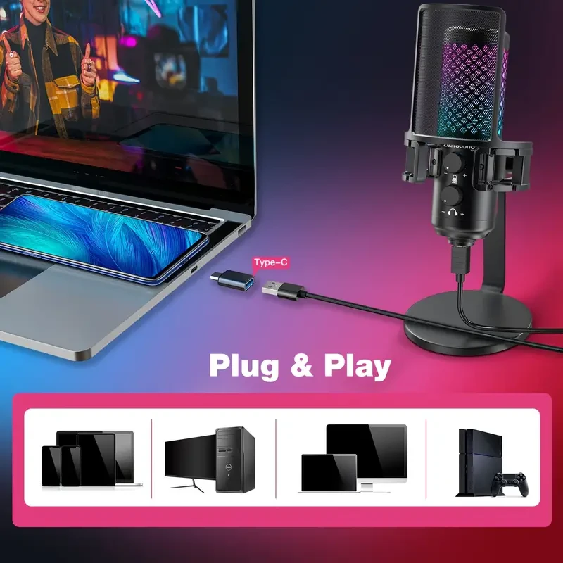 Micrófono USB para juegos ZealSound: silenciamiento rápido, indicador RGB y filtro antipop
