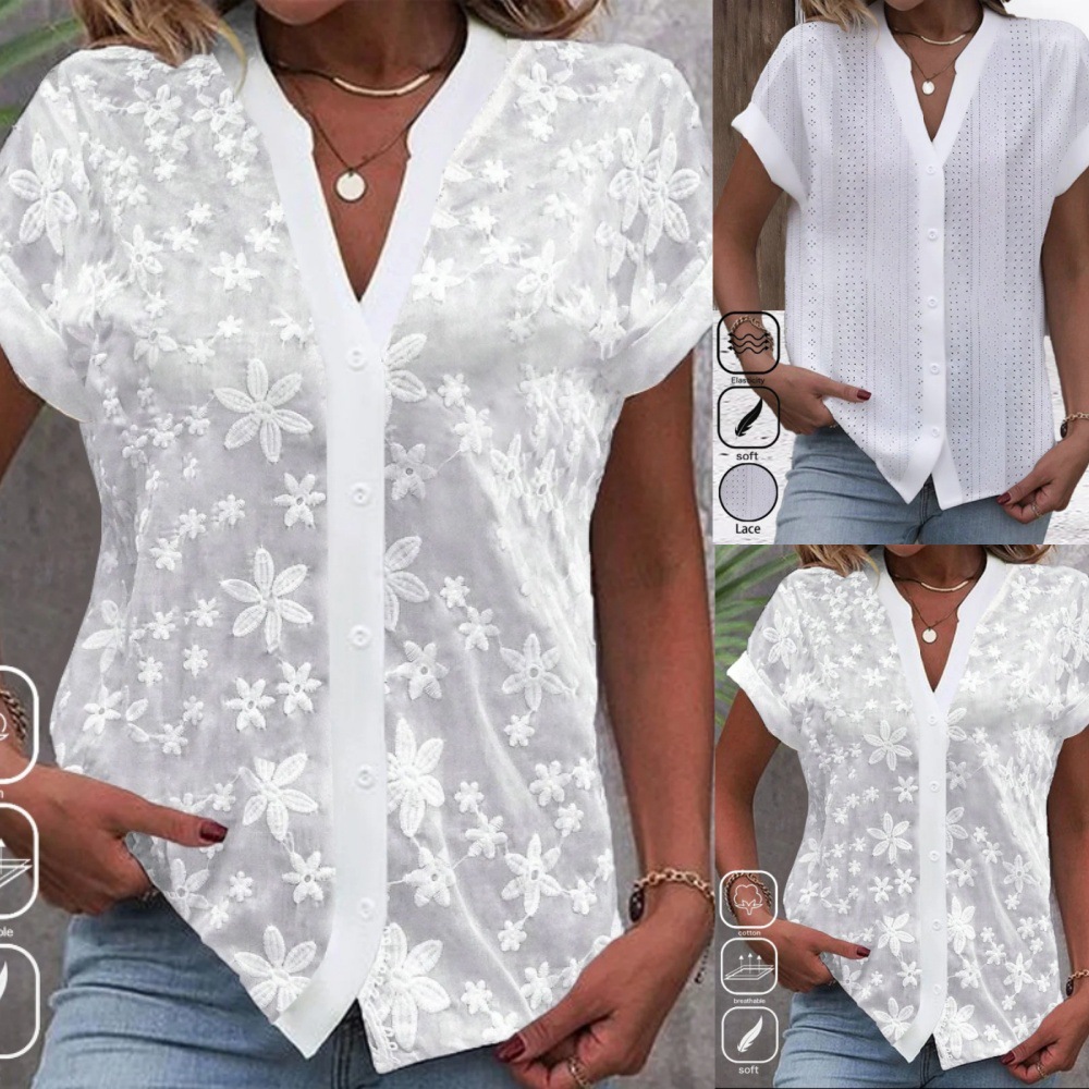 Camisa informal de verano con escote en V y color liso para mujer