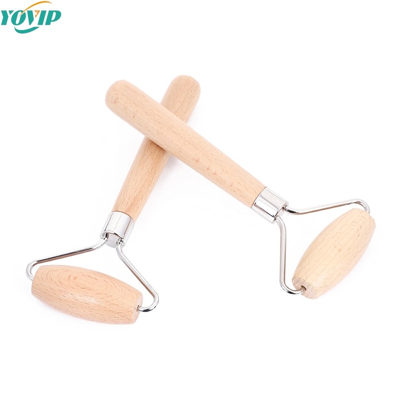 Masajeador facial Gua Sha - Rodillo de madera con masaje de espinas y mango de madera